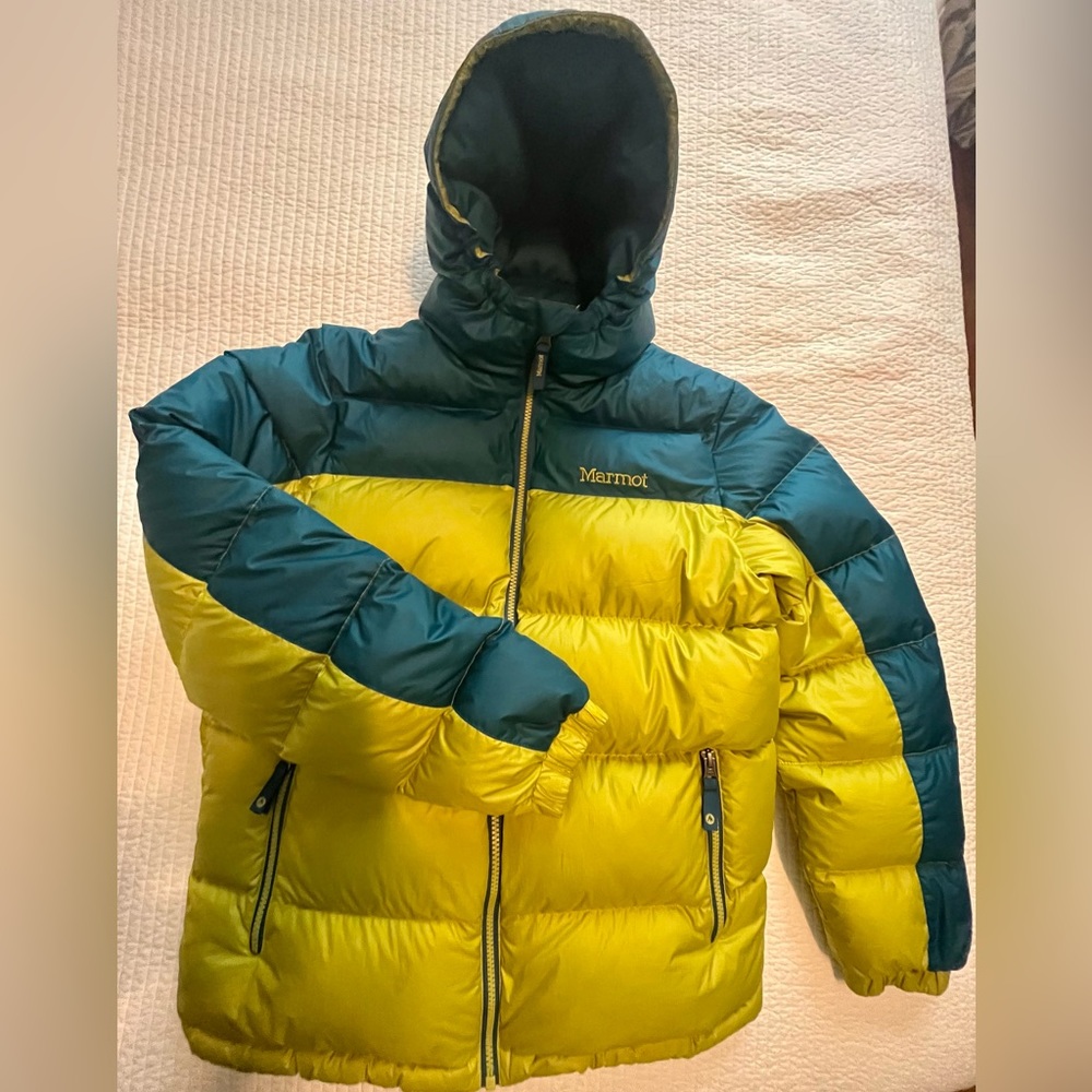 Marmot Down Parka, Boys XXL, Teal Blue/Lime Green